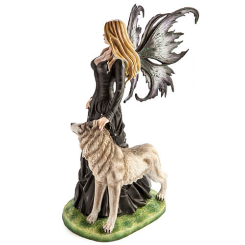 Large Black Fairy Princess with White Wolf Figurine