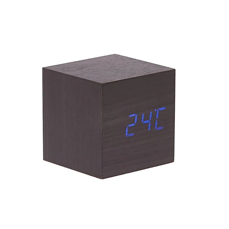 Reloj de escritorio LED en forma de cubo de madera con visualización de temperatura y fecha
